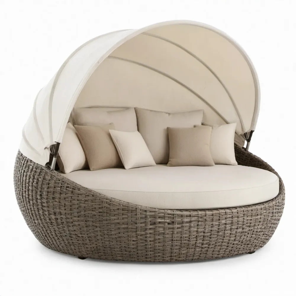 Rond buitenligbed met zonnedak 180 x 180 x 150 cm – Taupe/Crème