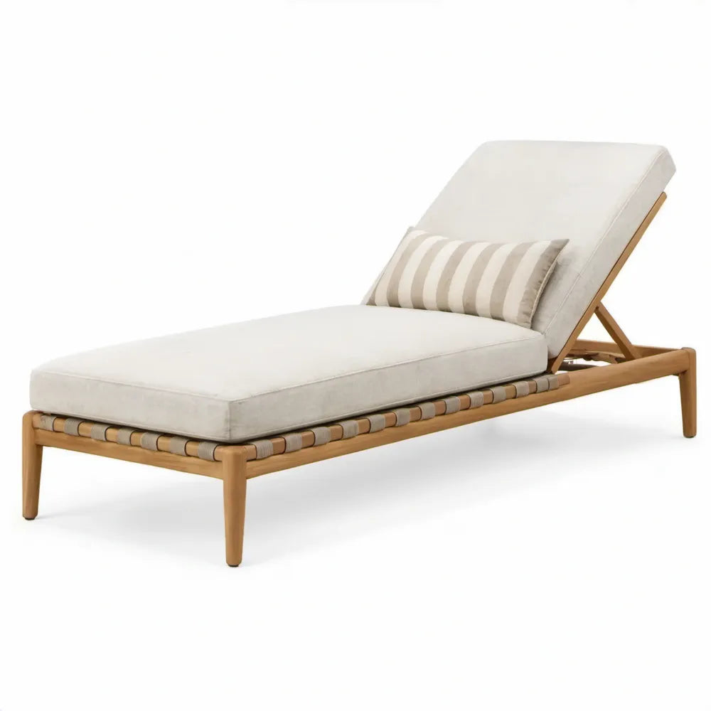 Verstelbaar teakhouten ligbed met beige polyester kussens, 200 x 75 x 34 cm