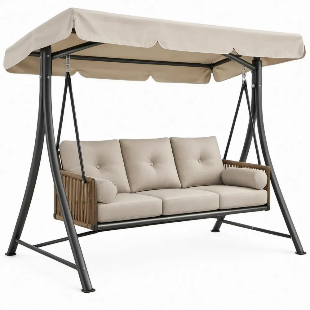 3-zits schommelbank met luifel, 230 x 140 x 170 cm, beige en zwart