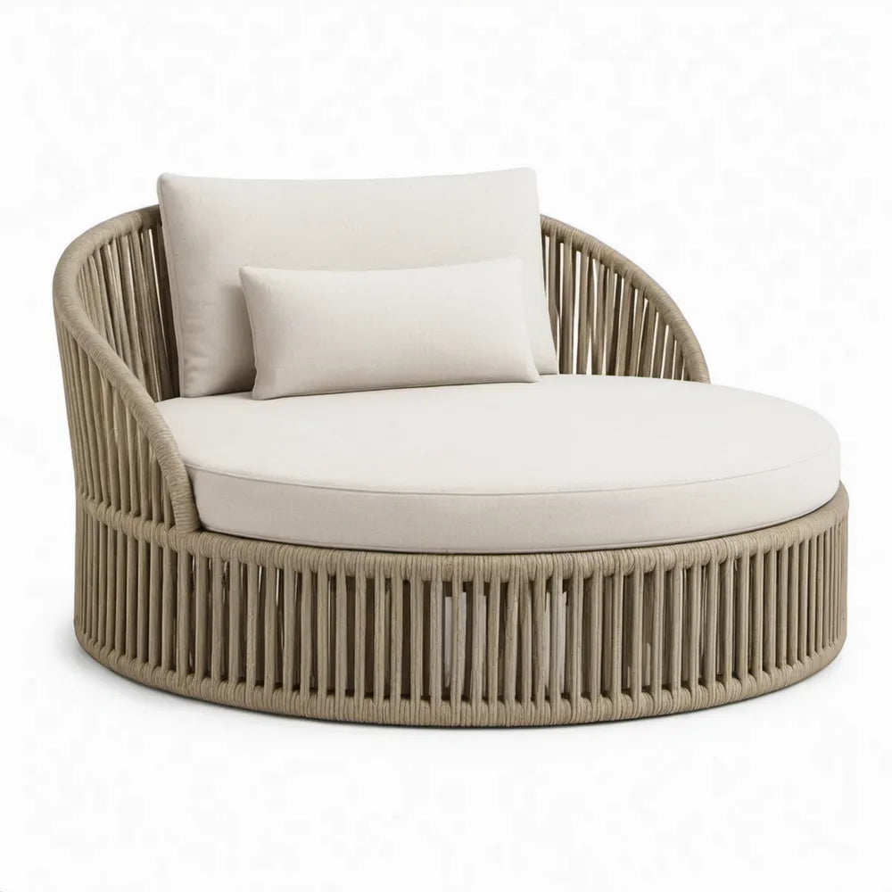 Rond buitenligbed van beige PE-rotan en aluminium met kussens, 160 x 160 x 85 cm