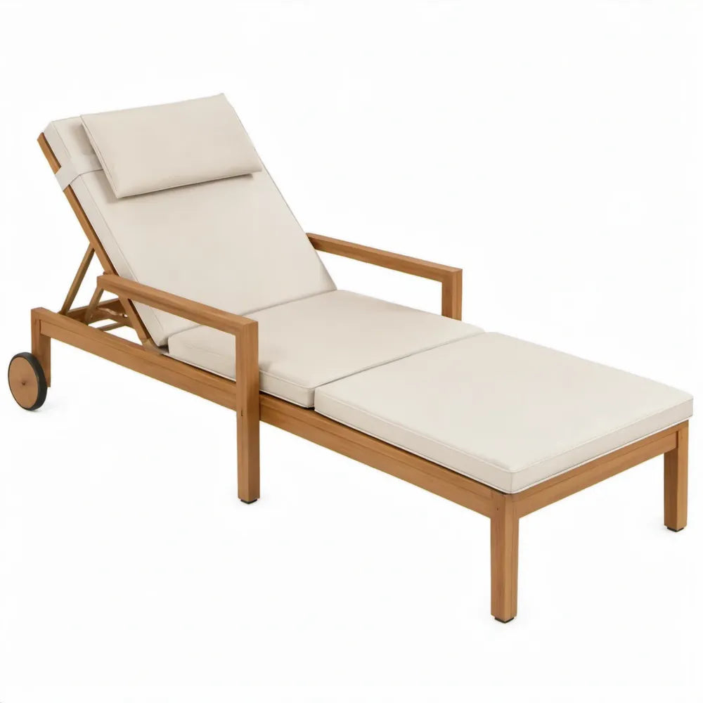 Verstelbaar ligbed met wielen en armleuningen, 200 x 70 cm, naturelbruin/beige acaciahout en polyester