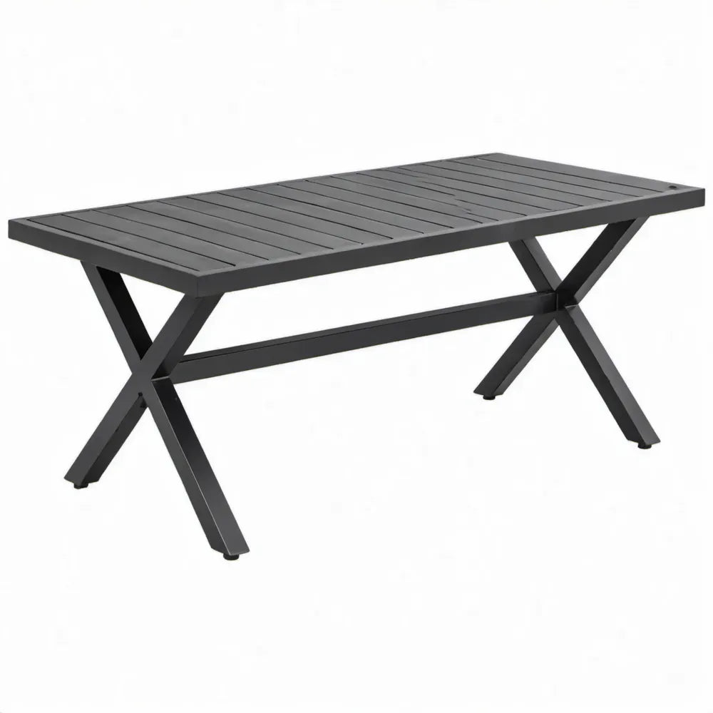 Rechthoekige tuintafel 180 x 90 x 75 cm van zwart aluminium met lattenblad