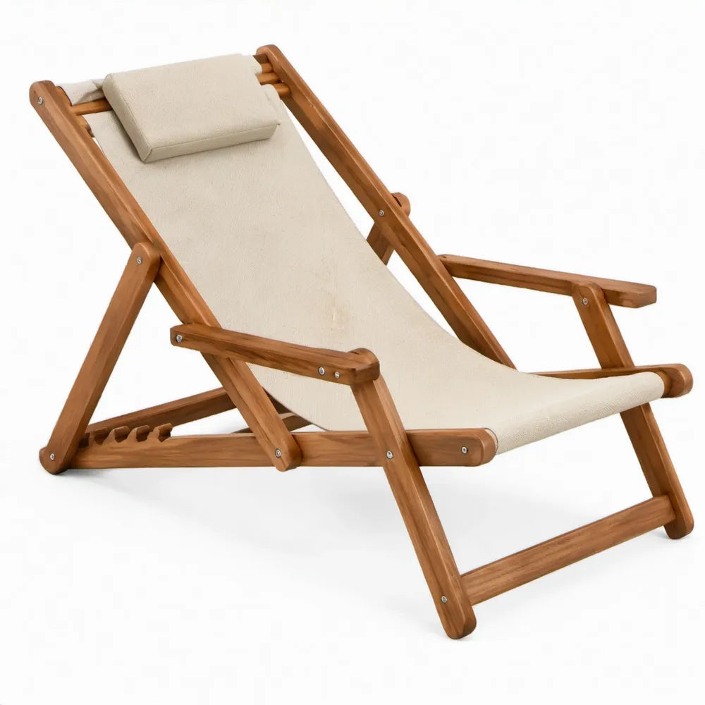 Verstelbare opvouwbare ligstoel van acaciahout met beige katoenen canvas, 106 x 70 x 88 cm