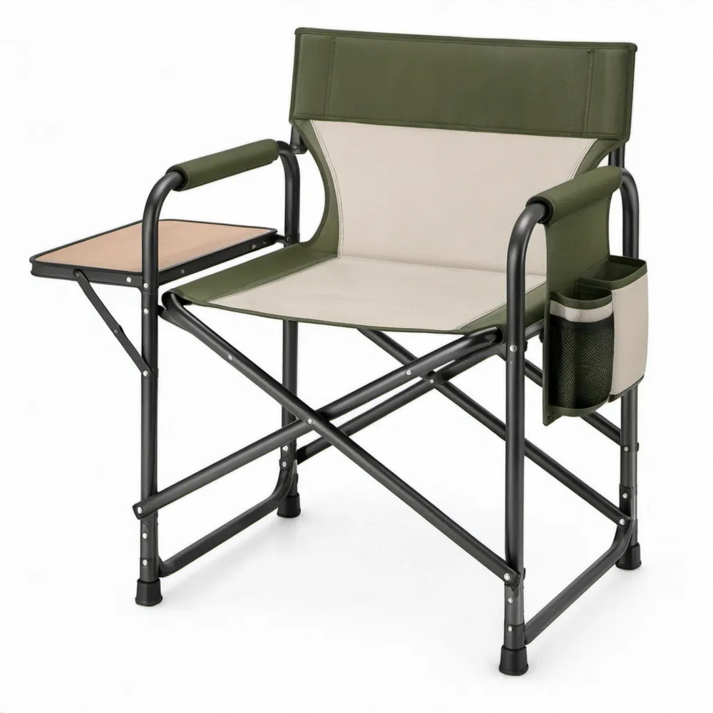 Opvouwbare campingstoel met zijtafel en zijorganizer, 80 x 50 x 85 cm, groen/beige/zwart