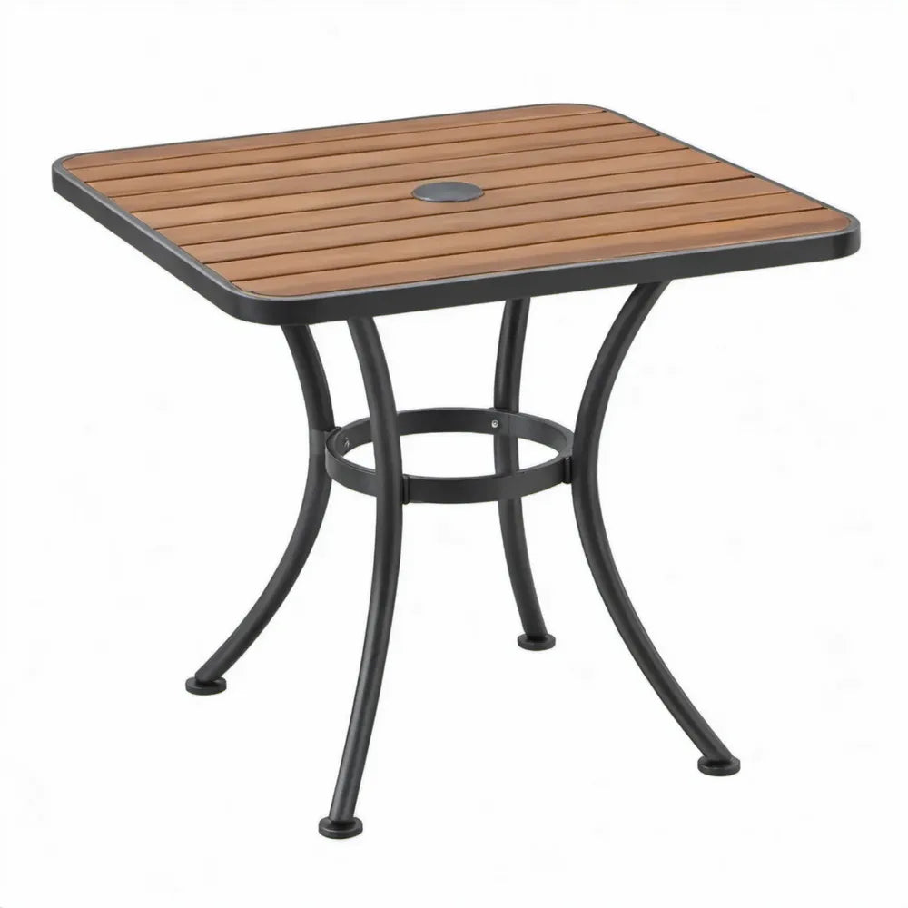 Vierkante tuintafel 70 x 70 x 73 cm van massief acaciahout en zwart gepoedercoat staal