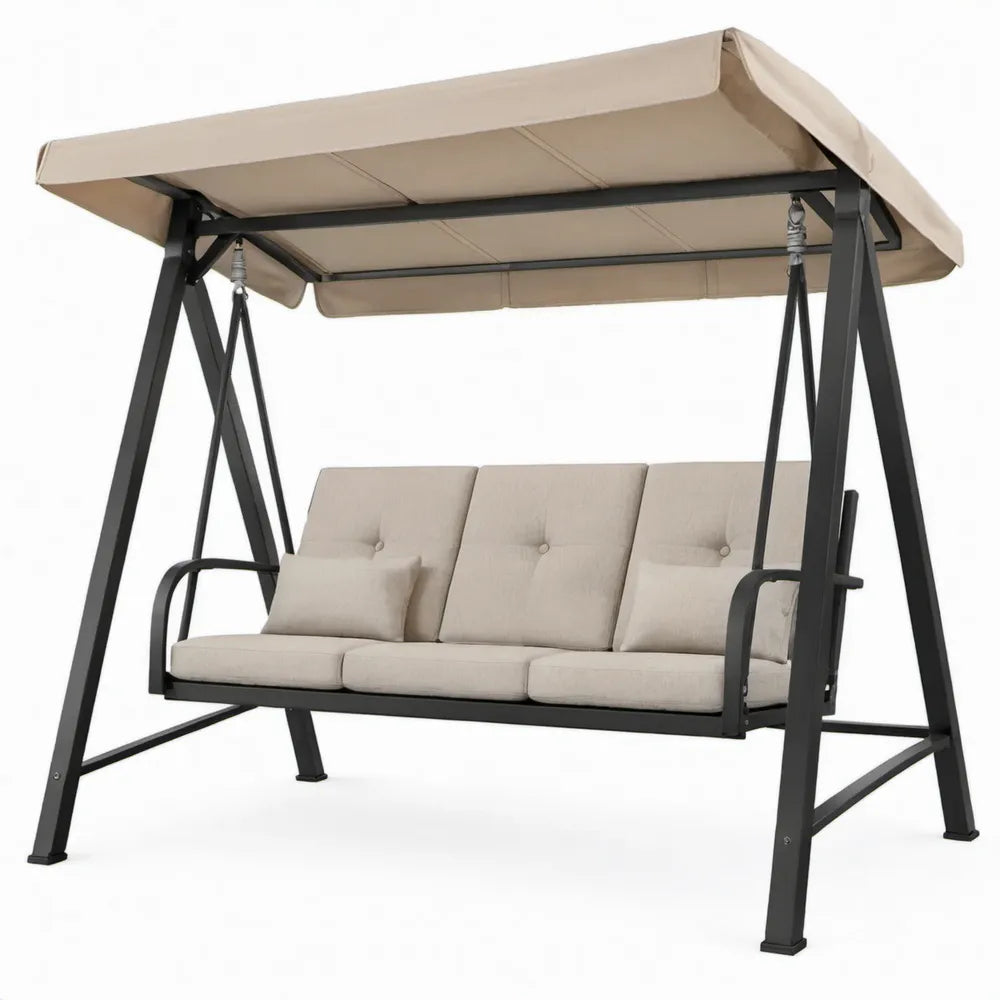 3-zits tuinschommel met luifel, 200 x 120 x 170 cm, beige/zwart, staal en polyester