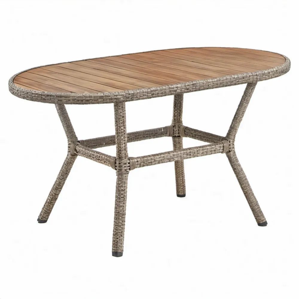 Ovale tuintafel 160 x 90 x 75 cm van naturel acaciahout en grijsbruin PE-rattan
