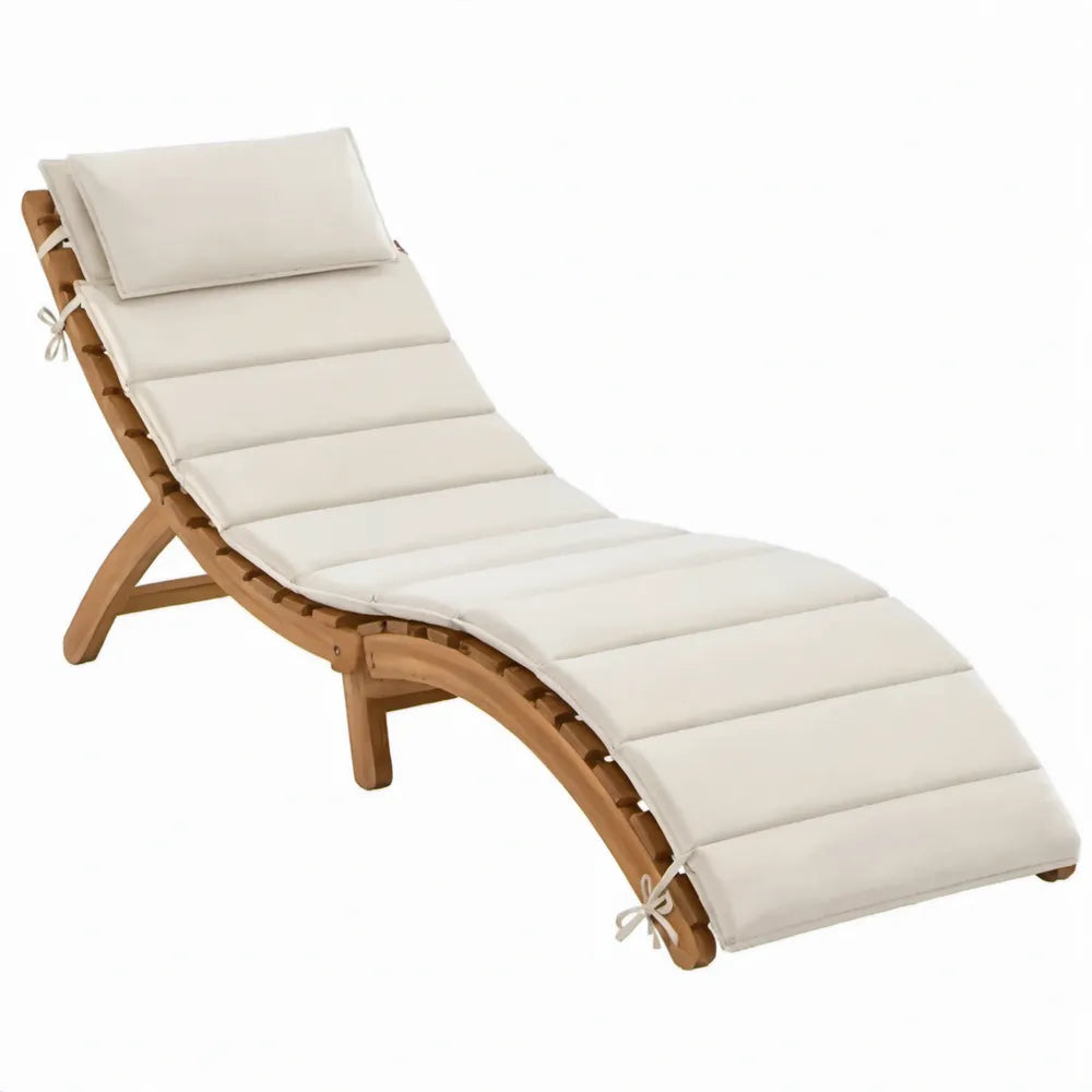 Verstelbare houten ligstoel met crèmekleurig polyester kussen, 190 x 60 x 30 cm