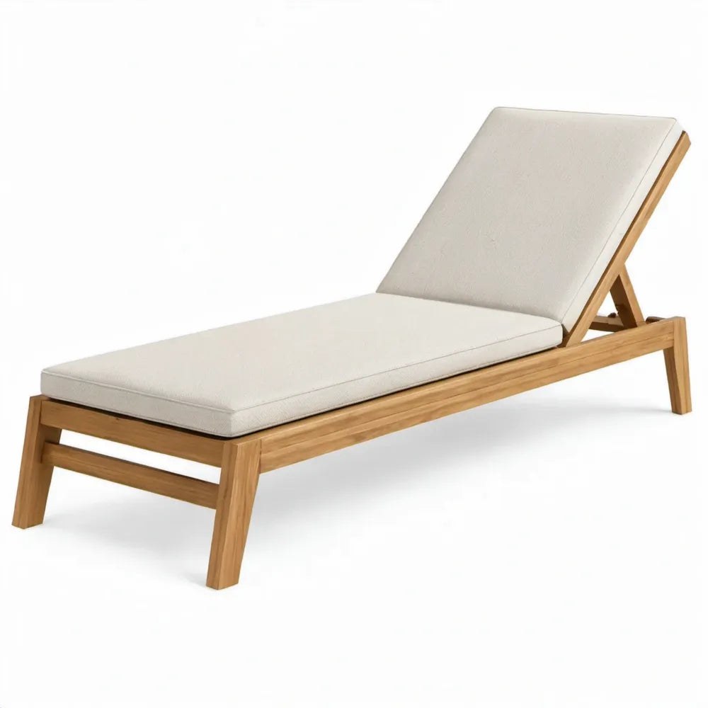 Teakhouten ligbed met verstelbare rugleuning en crèmekleurig kussen, 200 x 70 cm