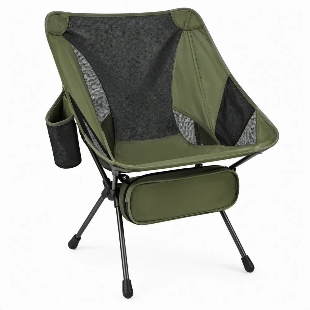 Opvouwbare campingstoel groen/zwart/grijs met bekerhouder en opbergvak, 80 x 52 x 85 cm