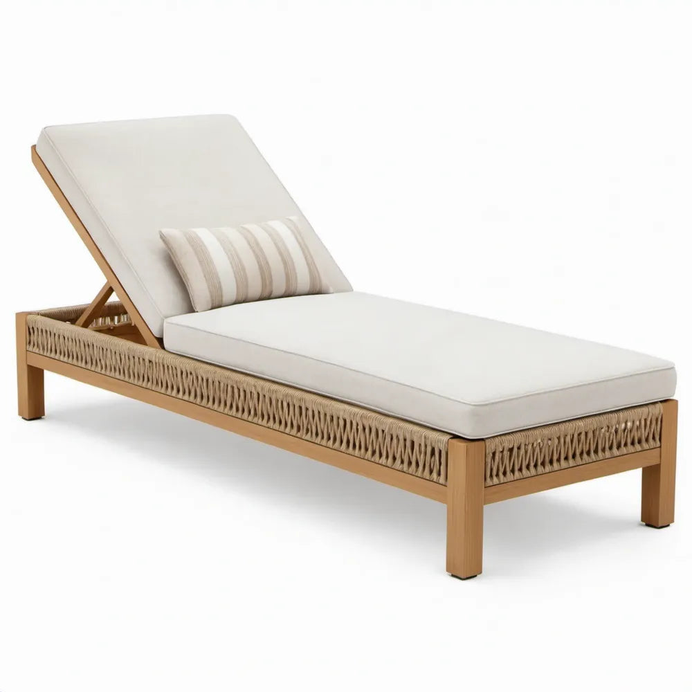 Verstelbaar ligbed van acaciahout met gevlochten beige koord en crèmekleurige kussens – 200 x 70 x 35 cm