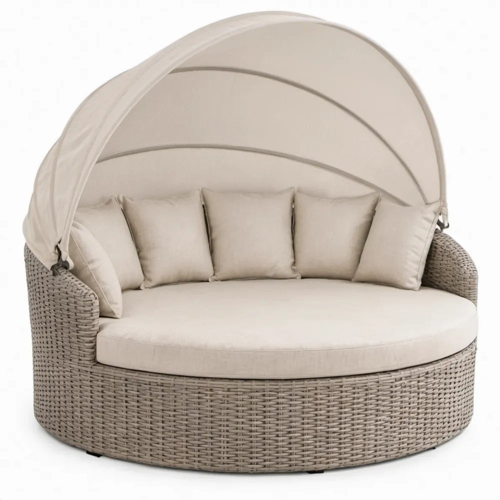 Rond tuinligbed met verstelbare kap, 180 x 180 x 160 cm, beige en grijs