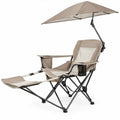 Opvouwbare campingstoel met voetensteun en verstelbare parasol, 165 x 85 x 170 cm, Beige/Zwart