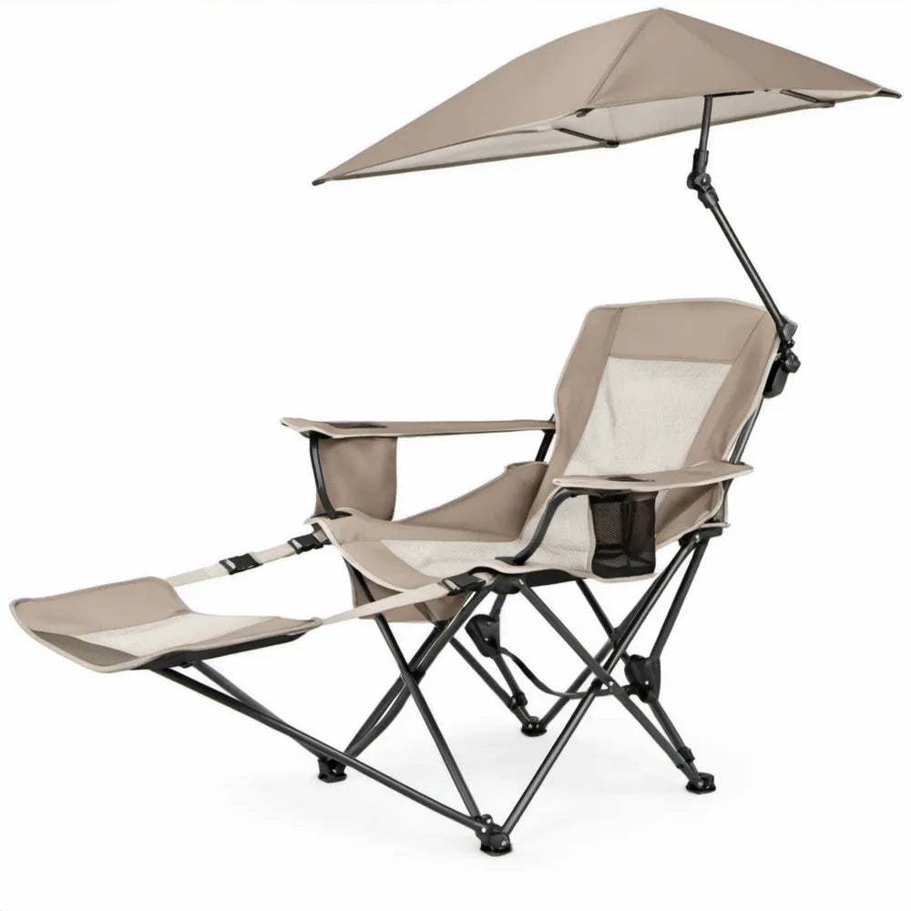 Opvouwbare campingstoel met voetensteun en verstelbare parasol, 165 x 85 x 170 cm, Beige/Zwart