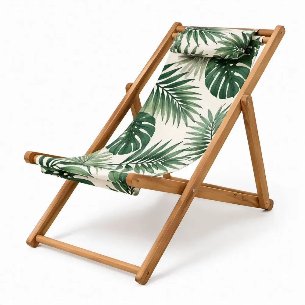 Inklapbare ligstoel 120 x 60 x 80 cm met beukenhouten frame, groen-wit canvas en hoofdrol